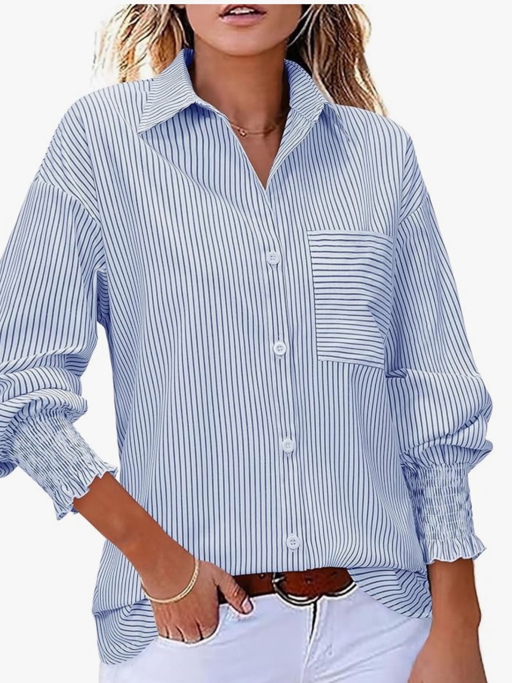Ladies Blue & White Striped Button-Up Shirt w/ gently gathered cuffs. Worn once.